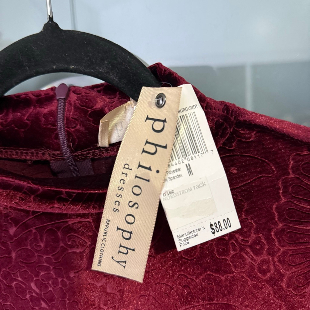NWT Philosophy Burgundy Paisley Velvet Mock Neck Mini Dress M - Picture 6 of 8